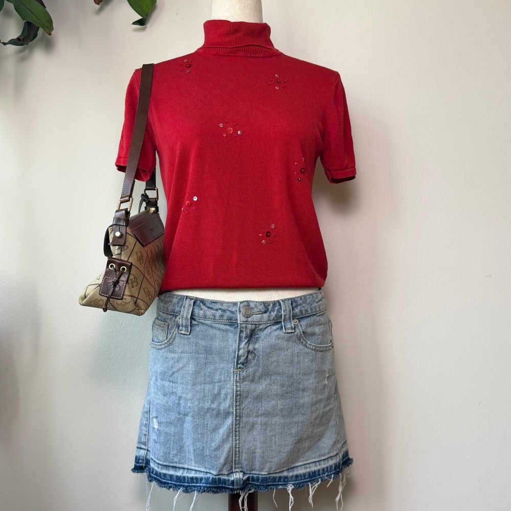 Vintage 90s Red Beaded Sequin turtleneck Knit Short Sleeve Top Small whimsigoth